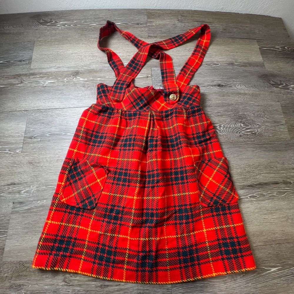 Carol Brent Pinafore Dress Womens XS Red Plaid Vintage Jumper Tartan Gold Button